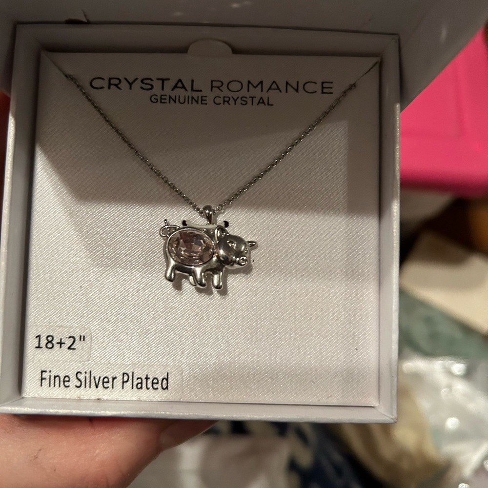 Silver Pig Pendant Necklace With Pink Crystal